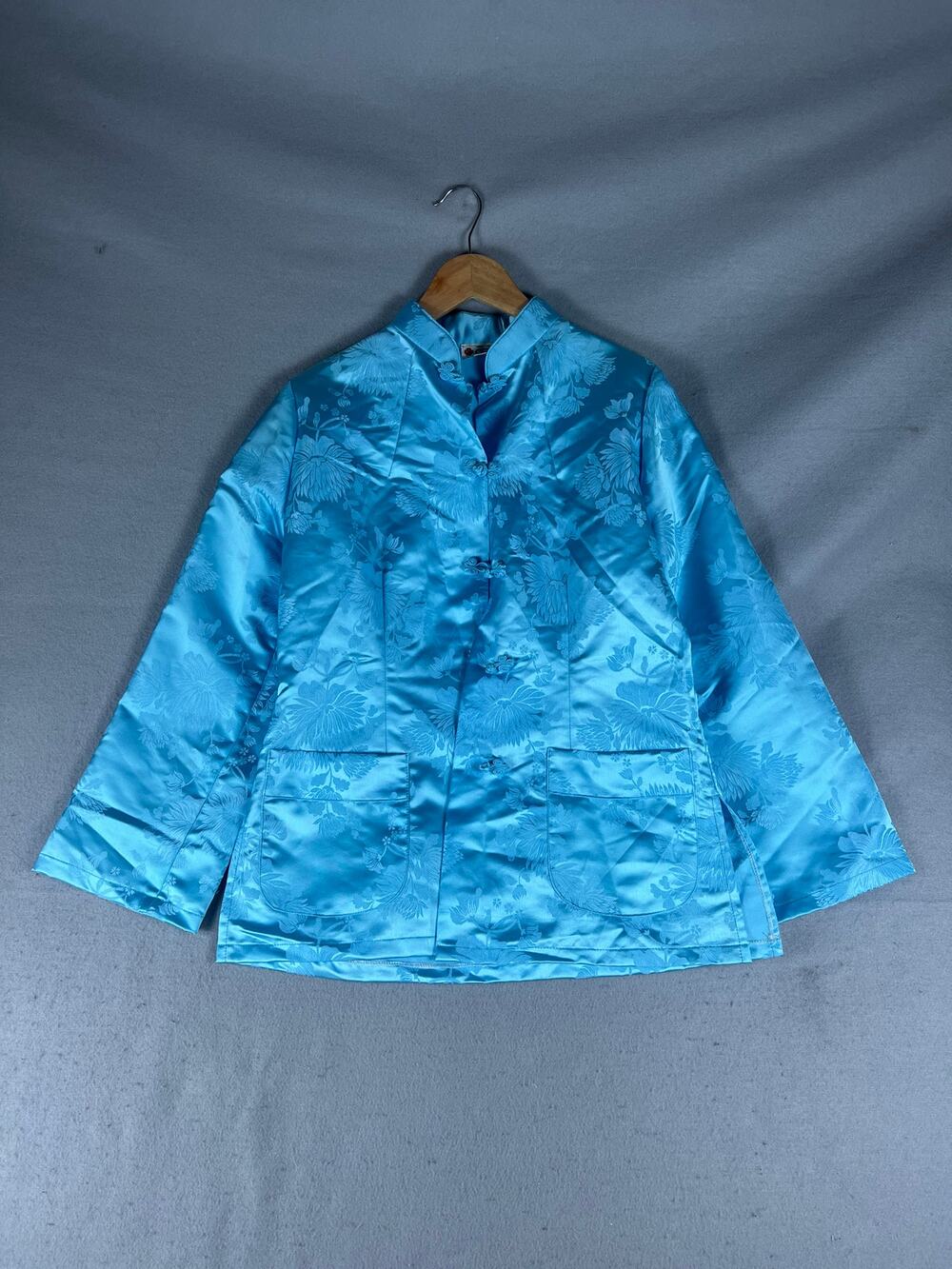 Vintage Clover Chinese Tang Suit Jacket Womens M Blue Satin Floral Jacquard